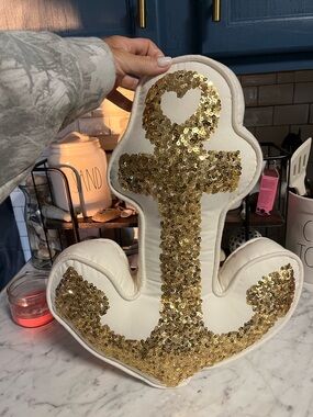Pottery Barn Teen Cream Anchor Pillow with Gold Sequins NWOT
